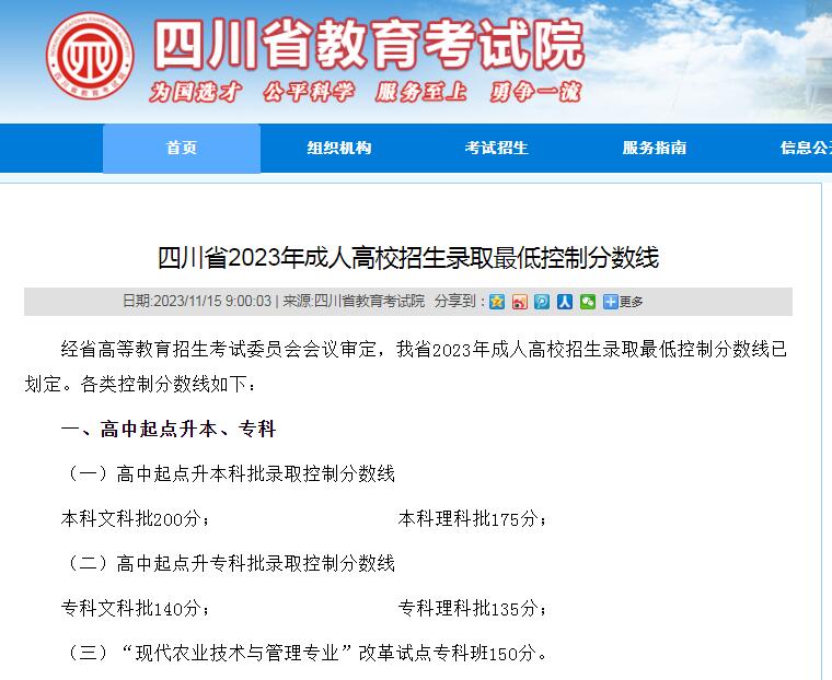 四川省2023年成人高考录取最低控制分数线已出