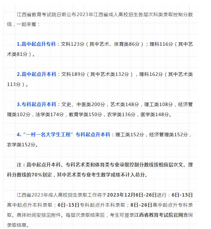 江西省2023年成人高考录取控制分数线公布